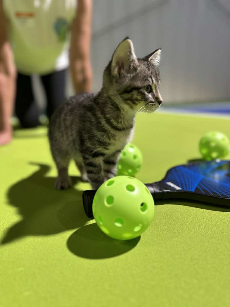 Rescue tabby kitten with pickleball